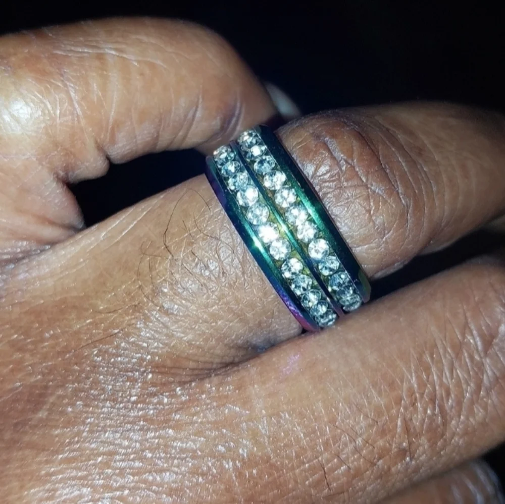 Iridescent Unisex Stainless Steel Rainbow Crystal Band Ring